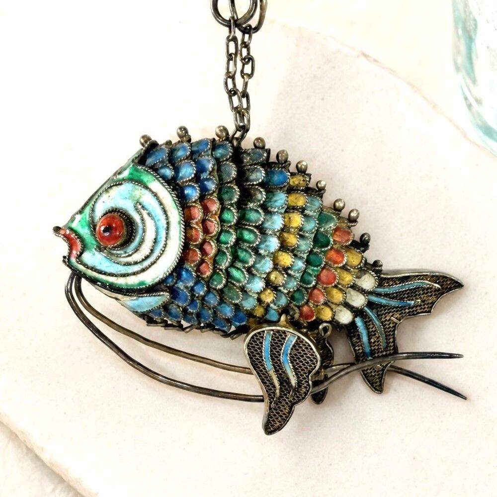 Vintage Sterling Silver Articulated Cloisonné Koi Fish Enamel Pendant Necklace